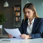 Jeune femme d'affaires examine un contrat de prêt bancaire
