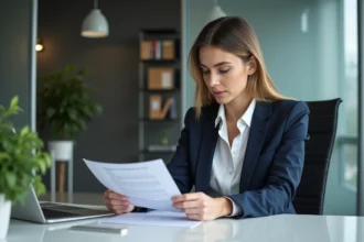 Jeune femme d'affaires examine un contrat de prêt bancaire