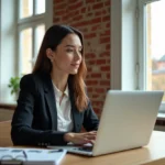 Jeune femme en blazer consulte des annonces immobilières dans un appartement lumineux