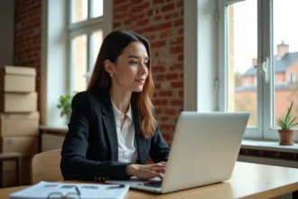 Jeune femme en blazer consulte des annonces immobilières dans un appartement lumineux