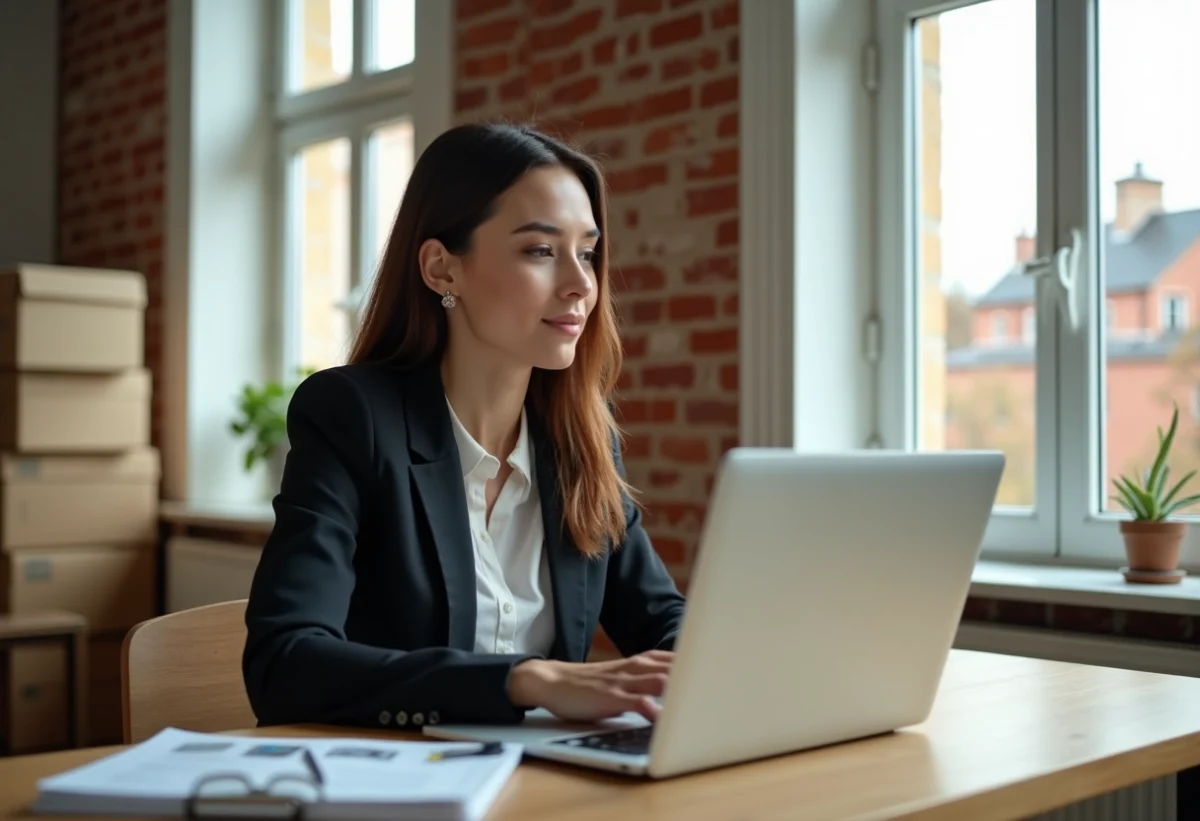 Jeune femme en blazer consulte des annonces immobilières dans un appartement lumineux