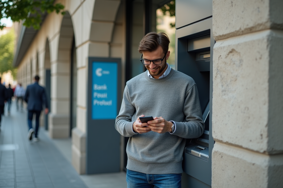 Jeune homme souriant utilisant un distributeur automatique