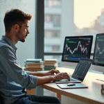 Jeune homme analyse des graphiques boursiers sur son ordinateur