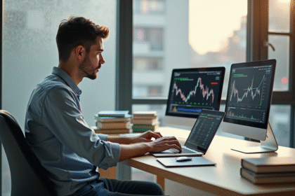 Jeune homme analyse des graphiques boursiers sur son ordinateur