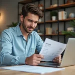 Jeune homme au bureau vérifiant une facture et utilisant un ordinateur