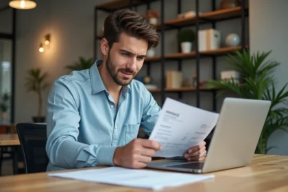 Jeune homme au bureau vérifiant une facture et utilisant un ordinateur