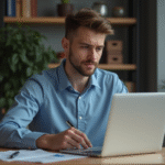 Jeune homme en bleu au bureau regardant son ordinateur