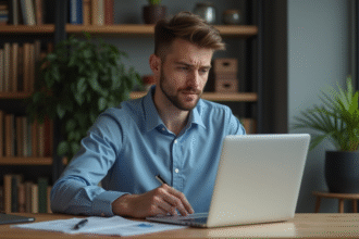 Jeune homme en bleu au bureau regardant son ordinateur