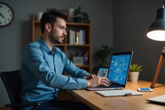 Jeune homme concentré devant son ordinateur dans un bureau moderne