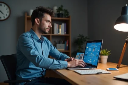 Jeune homme concentré devant son ordinateur dans un bureau moderne
