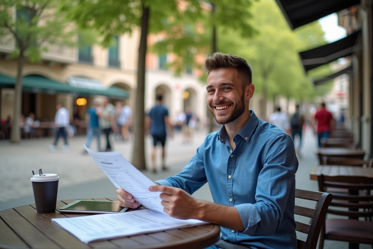 Jeune homme souriant vérifiant ses documents en extérieur