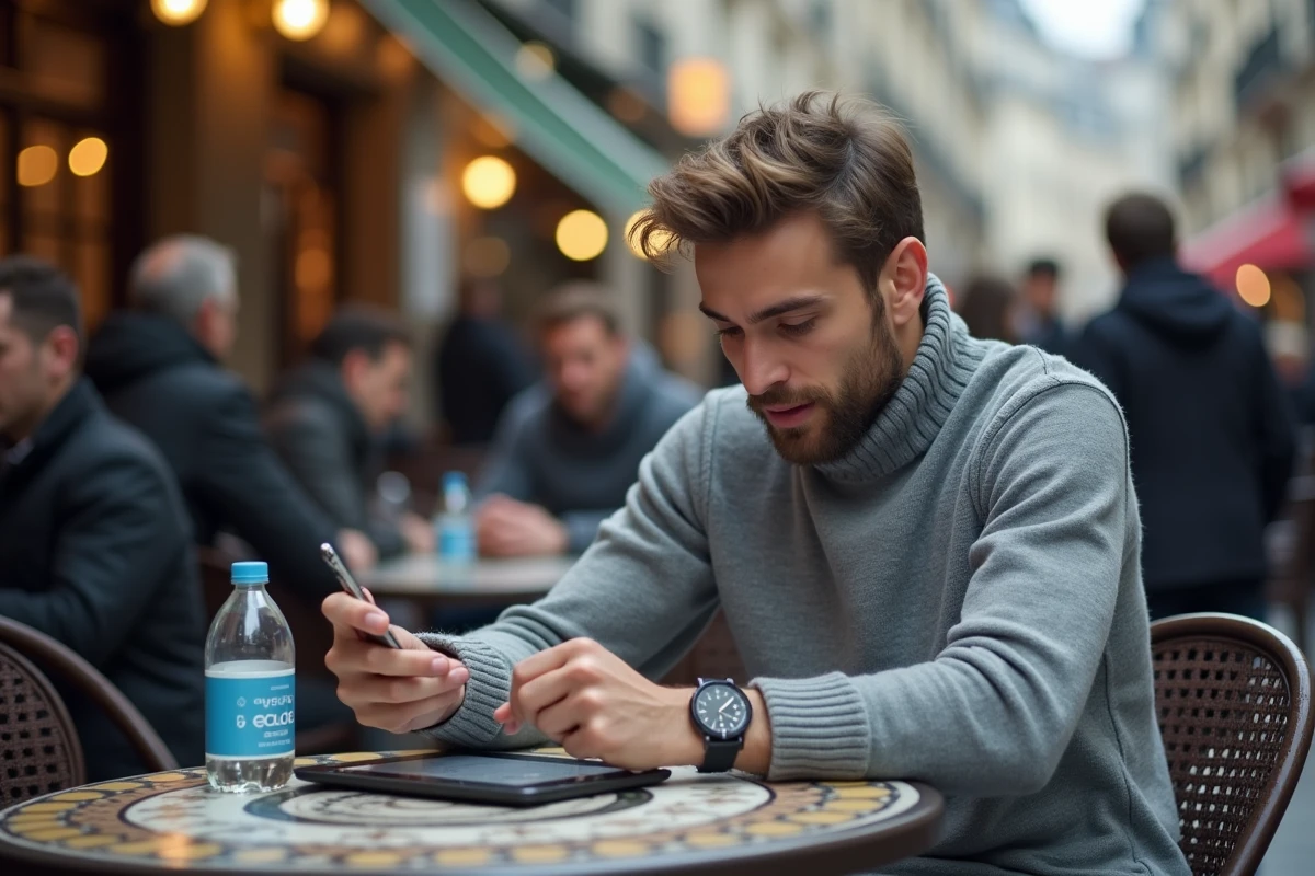 Jeune homme au café parisien comparant sa montre à la bourse