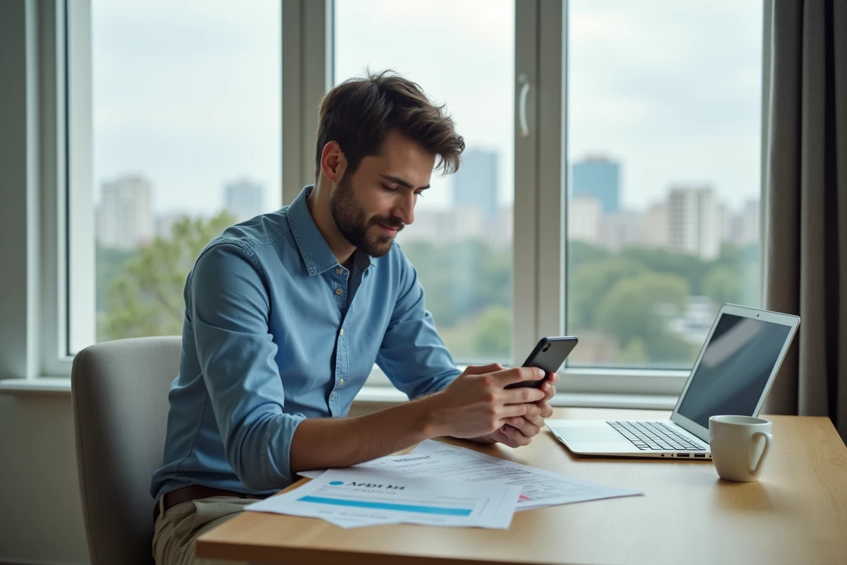 Jeune homme v&eacute;rifiant ses relev&eacute;s dans un bureau moderne