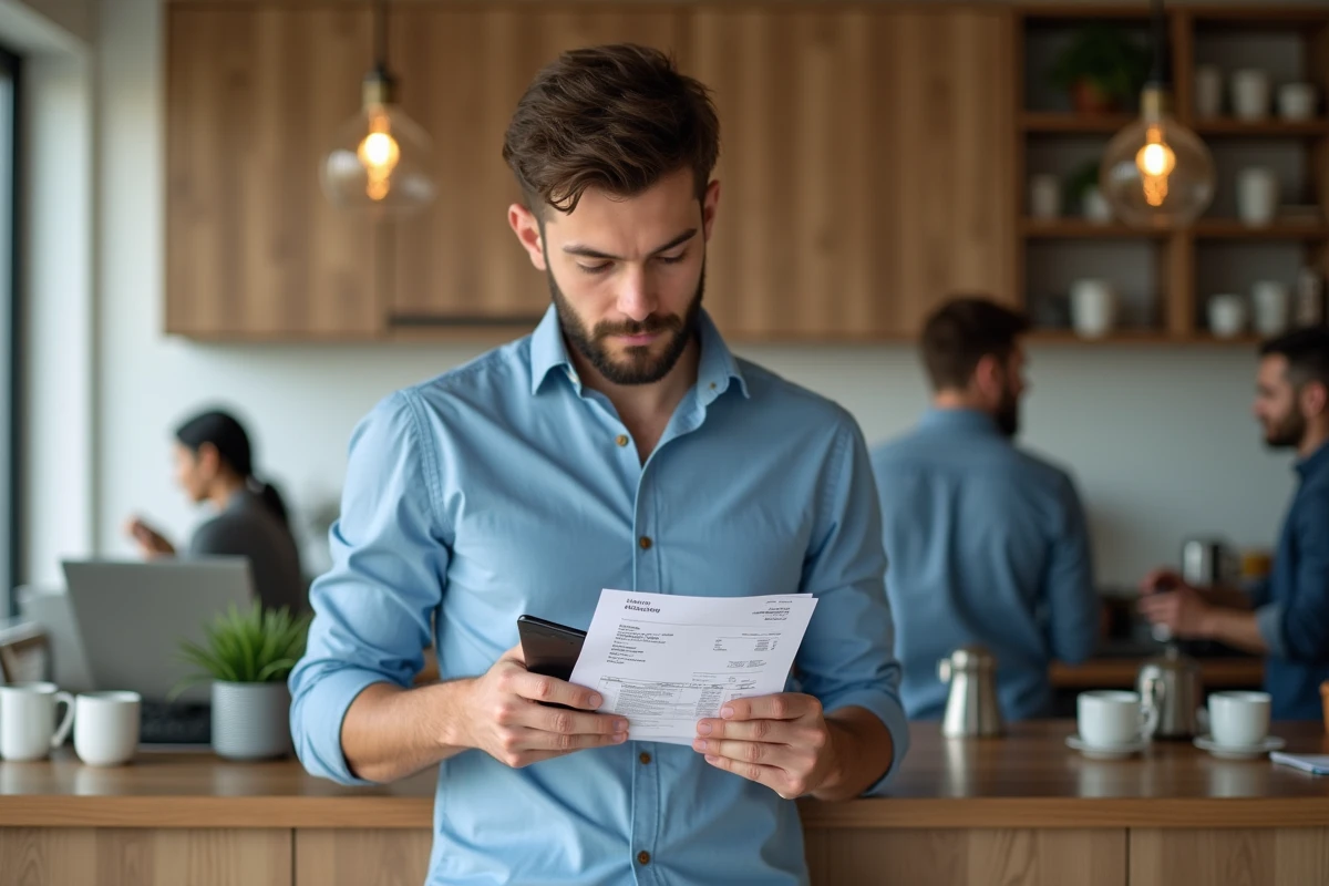 Jeune homme d affaires scannant une facture dans un espace partagé