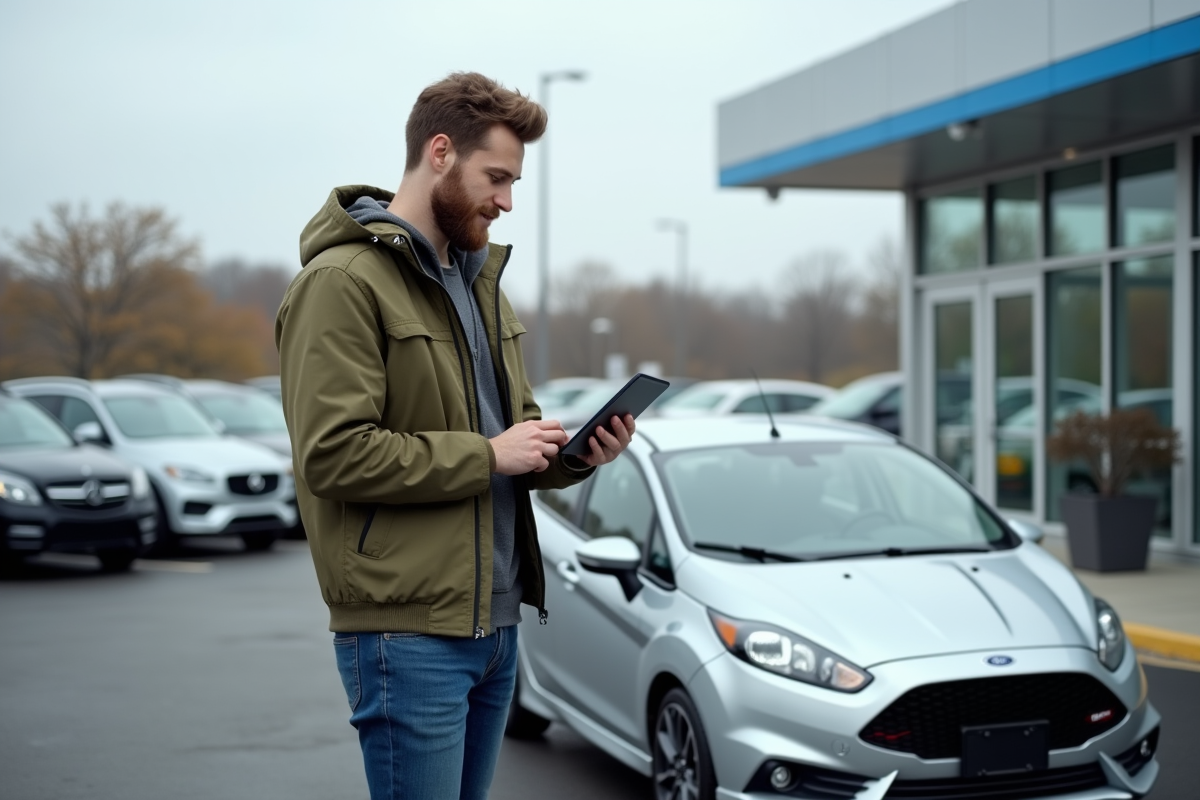Jeune homme regardant son tablet devant une voiture en concession