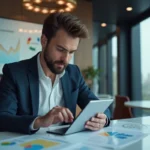 Jeune professionnel en réunion avec données sur tablette