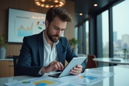 Jeune professionnel en réunion avec données sur tablette