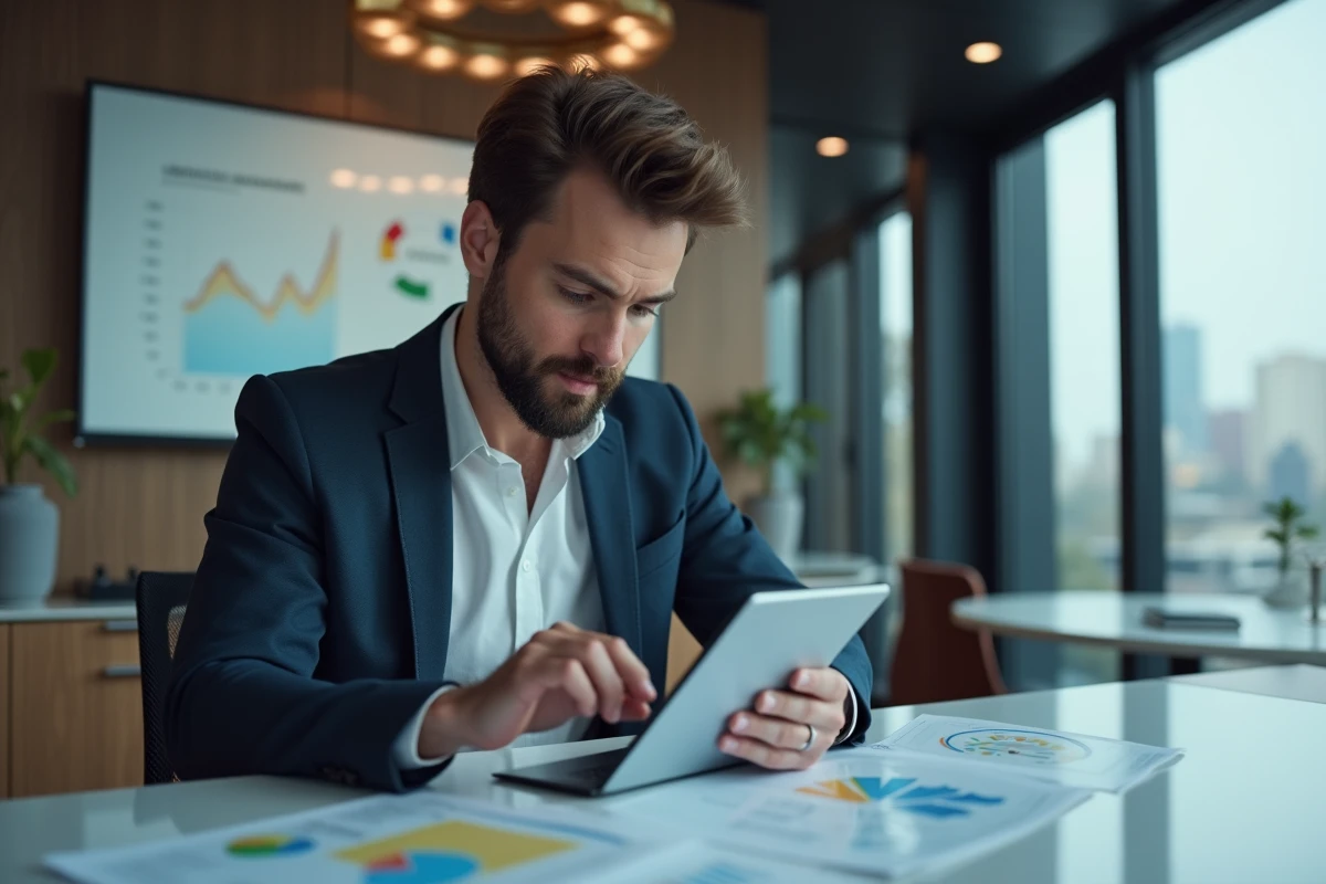 Jeune professionnel en réunion avec données sur tablette