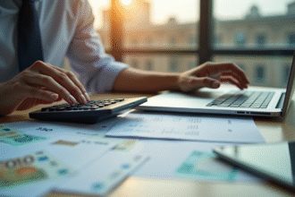 Jeune professionnel utilisant calculatrice et ordinateur avec billets euros
