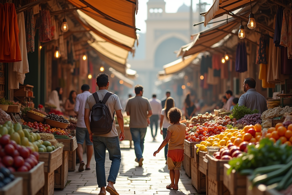 Scène de marché traditionnel à Dubai avec habitants et produits frais