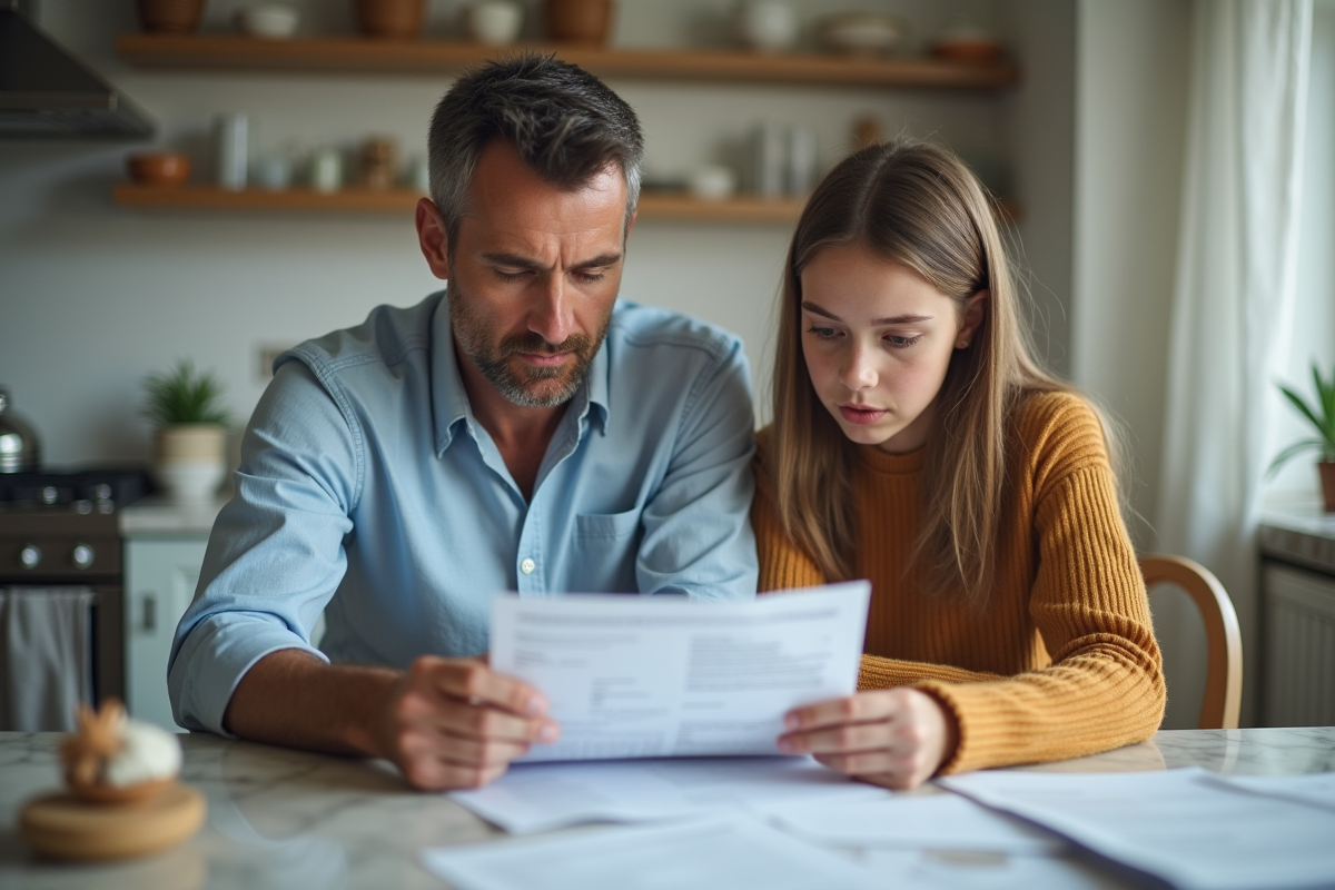 Pere et fille regardant un relevé bancaire à la cuisine