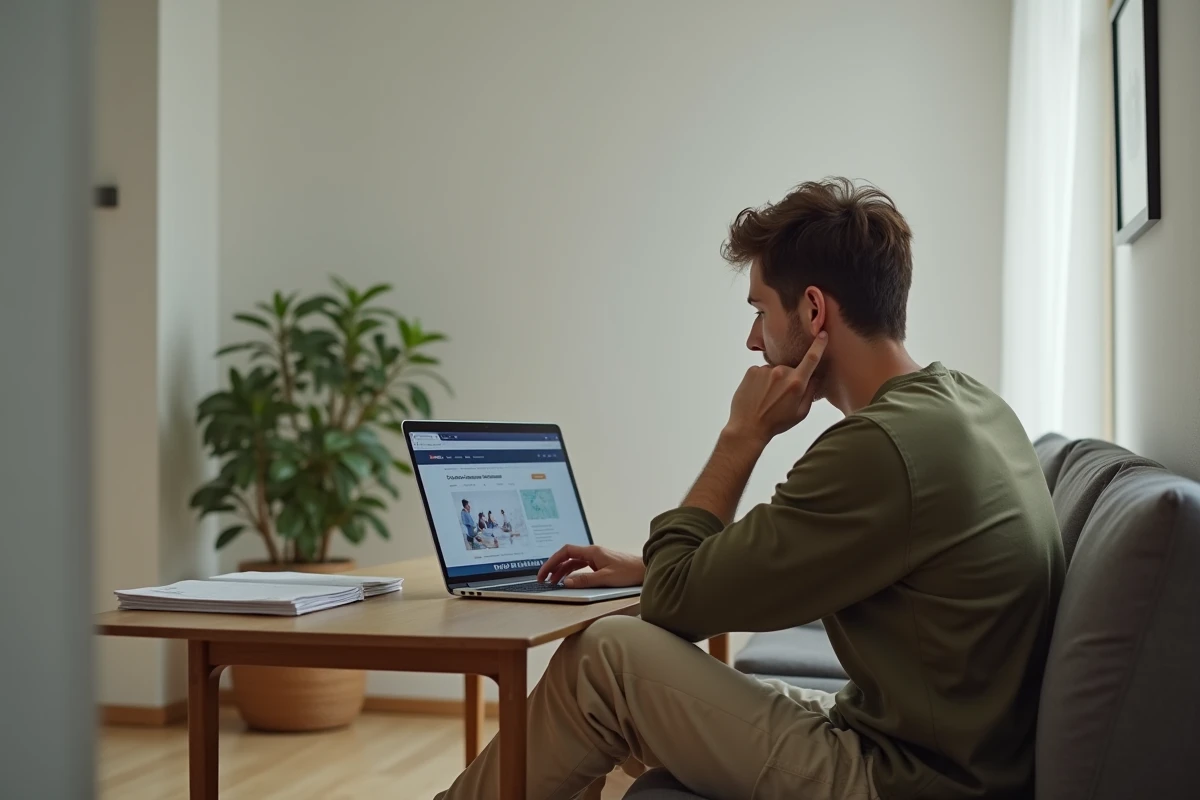 Personne seule consultant le site officiel du RSA sur ordinateur portable dans un appartement modeste