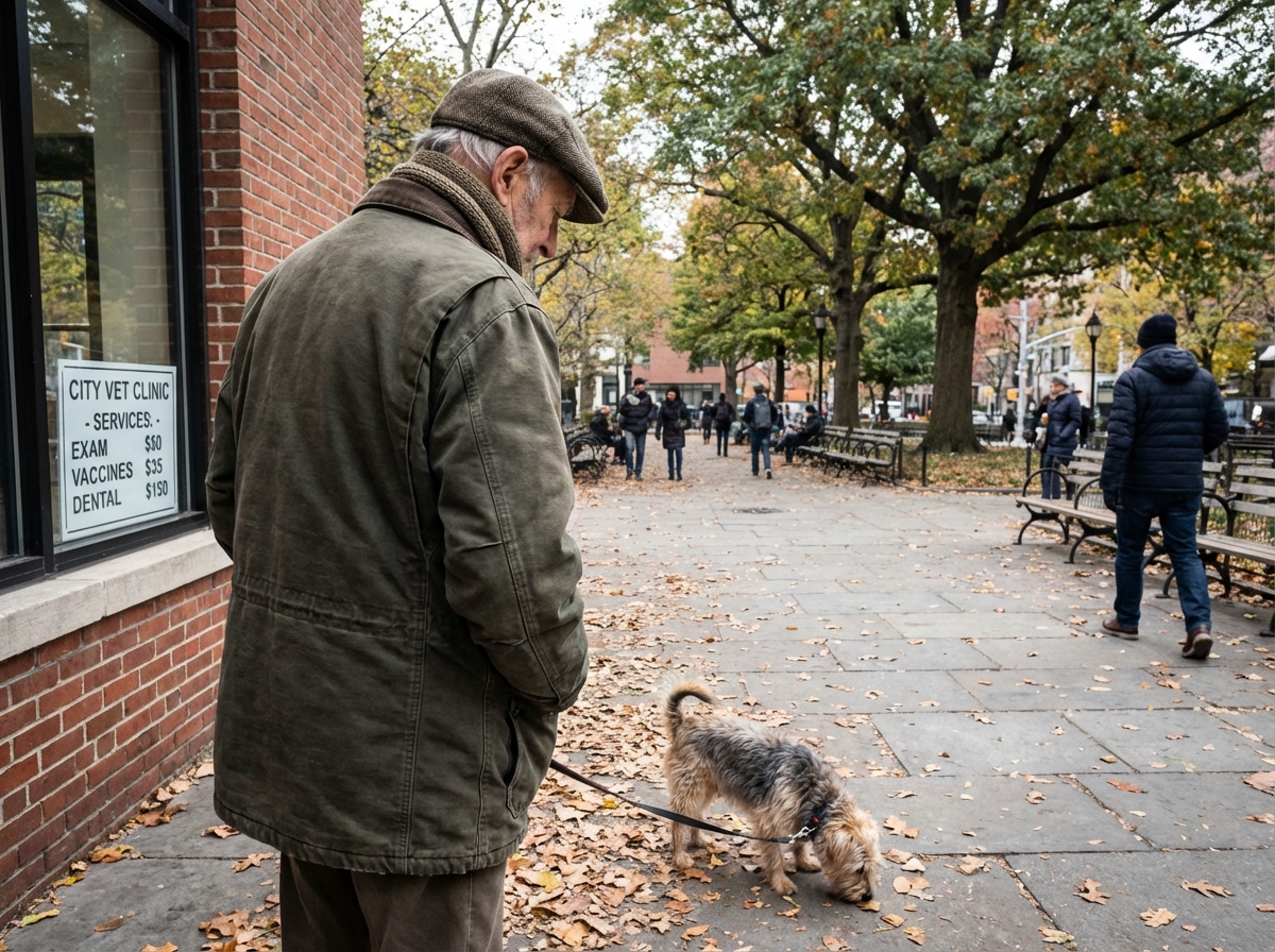 Homme âgé promenant son chien dans un parc urbain