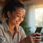 Personne souriante vérifiant son smartphone avec notification de 20000 euros