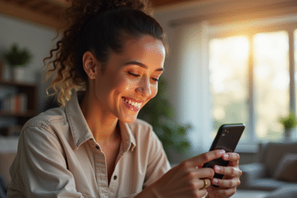 Personne souriante vérifiant son smartphone avec notification de 20000 euros