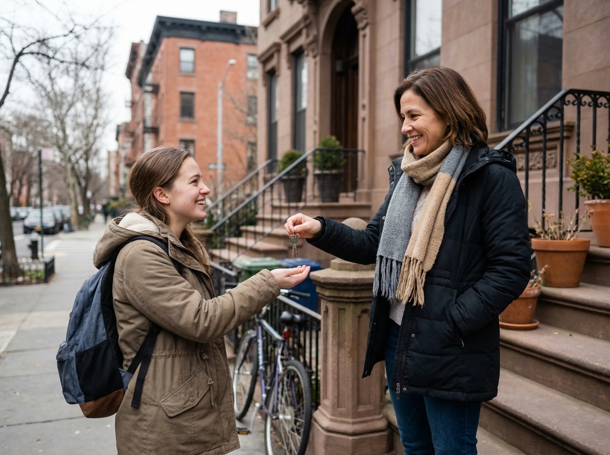 Jeune couple donnant des clés à un étudiant dans la rue
