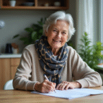 Femme senior souriante lisant des papiers dans une cuisine lumineuse