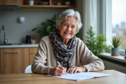Femme senior souriante lisant des papiers dans une cuisine lumineuse