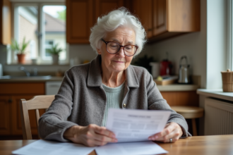 Femme senior lisant des documents dans sa cuisine chaleureuse