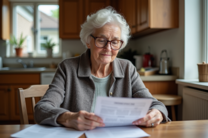 Femme senior lisant des documents dans sa cuisine chaleureuse