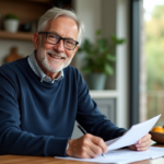 Homme senior souriant lisant ses documents de retraite