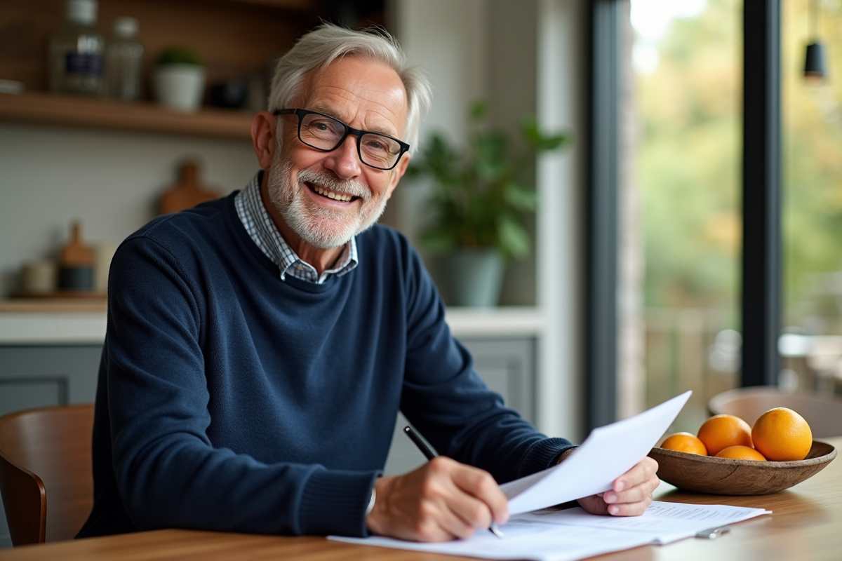 Homme senior souriant lisant ses documents de retraite