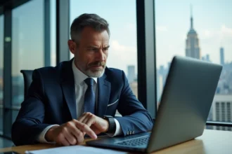 Trader homme d'affaires à New York en costume regardant sa montre
