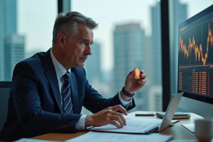 Trader homme en costume bleu analyse le marché du cuivre