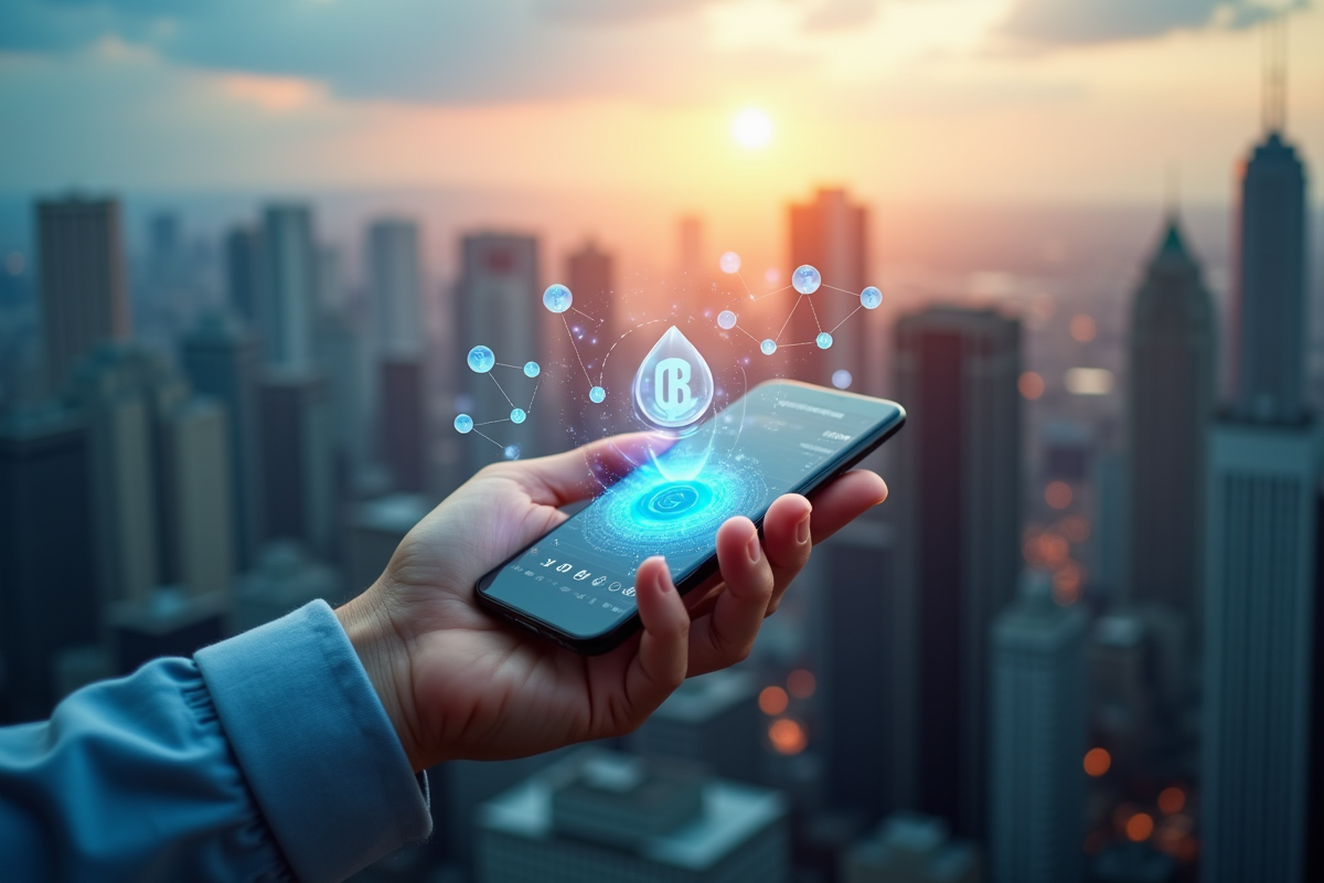Main tenant un smartphone avec transaction crypto en ville